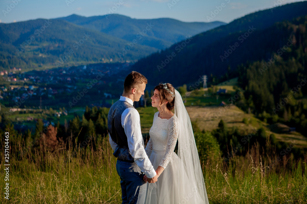Newlyweds smile and hug each other among the meadow on top of the mountain. Wedding walk in the woods in the mountains, the gentle emotions of the couple, photo for Valentine's Day Newlyweds smile and hug each other among the meadow on top of the mountain. Wedding walk in the woods in the mountains, the gentle emotions of the couple, photo for Valentine's Day