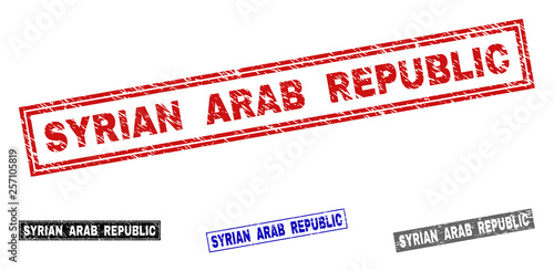Grunge SYRIAN ARAB REPUBLIC rectangle stamp seals isolated on a white background. Rectangular seals with grunge texture in red, blue, black and grey colors.