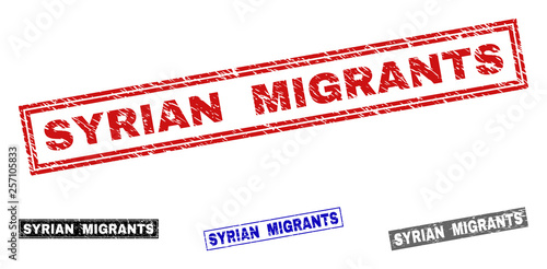 Grunge SYRIAN MIGRANTS rectangle stamp seals isolated on a white background. Rectangular seals with grunge texture in red, blue, black and grey colors.