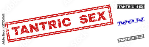 Grunge TANTRIC SEX rectangle stamp seals isolated on a white background. Rectangular seals with grunge texture in red, blue, black and gray colors.
