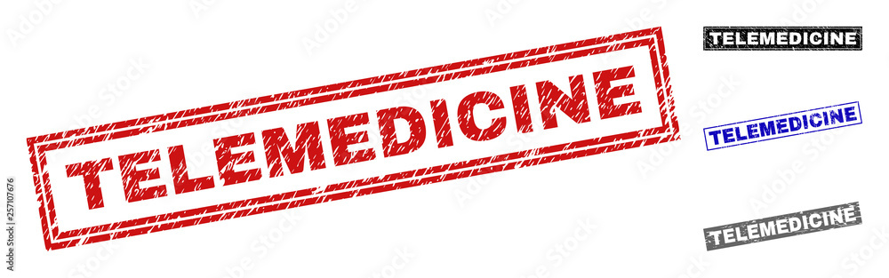 Grunge TELEMEDICINE rectangle stamp seals isolated on a white background. Rectangular seals with grunge texture in red, blue, black and grey colors. Grunge TELEMEDICINE rectangle stamp seals isolated on a white background. Rectangular seals with grunge texture in red, blue, black and grey colors.