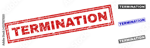 Grunge TERMINATION rectangle stamp seals isolated on a white background. Rectangular seals with grunge texture in red, blue, black and gray colors.