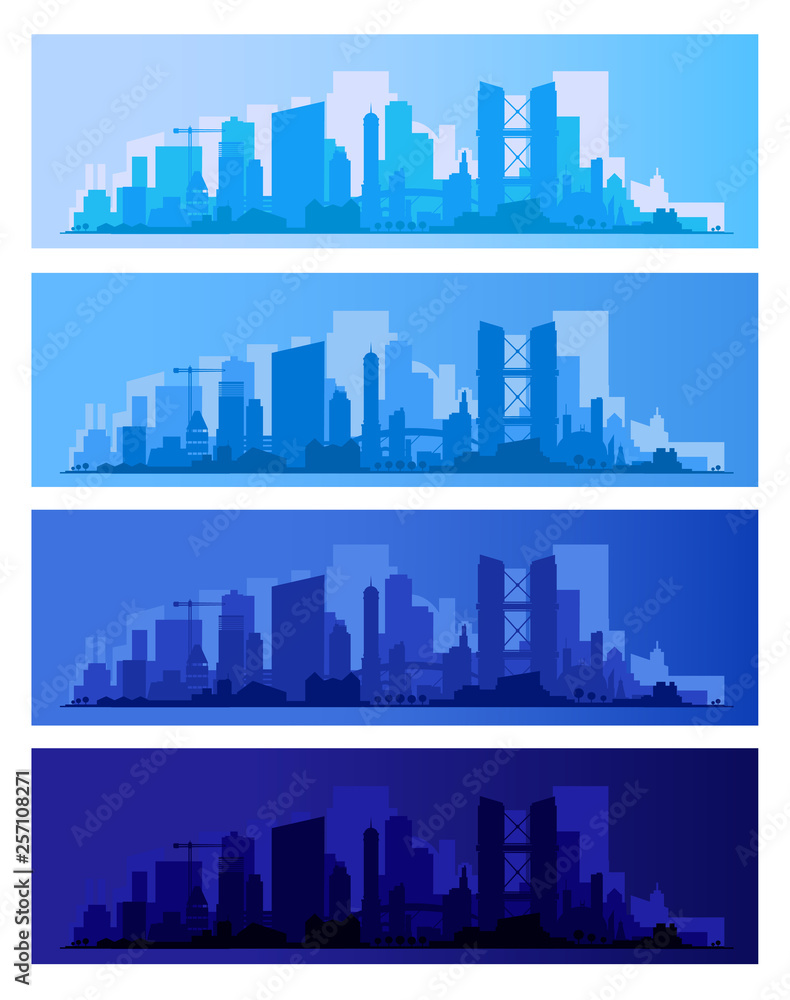 Trendy city skyline colored sets in different time of the day. Vector illustration