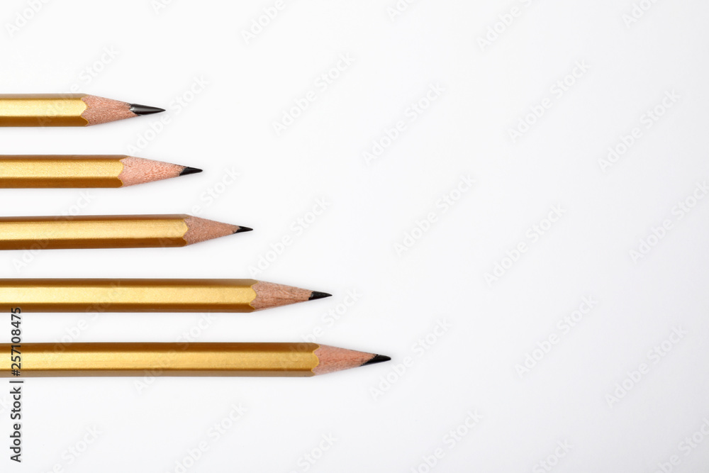 Fototapeta premium Pencils with longest one and space for text on white background, top view. Victory concept