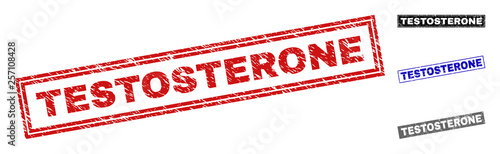 Grunge TESTOSTERONE rectangle stamp seals isolated on a white background. Rectangular seals with grunge texture in red, blue, black and gray colors.