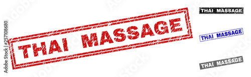 Grunge THAI MASSAGE rectangle stamp seals isolated on a white background. Rectangular seals with grunge texture in red, blue, black and gray colors.