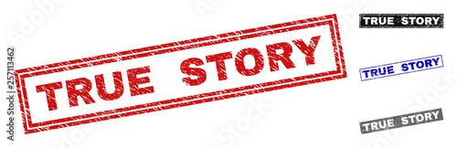 Grunge TRUE STORY rectangle stamp seals isolated on a white background. Rectangular seals with grunge texture in red, blue, black and gray colors.