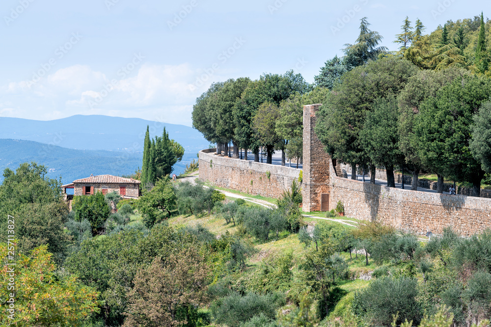 Montalcino wall walled fortress city in Italy Val D'Orcia countryside in Tuscany hilltop small town village in summer stone house and park with mountain view