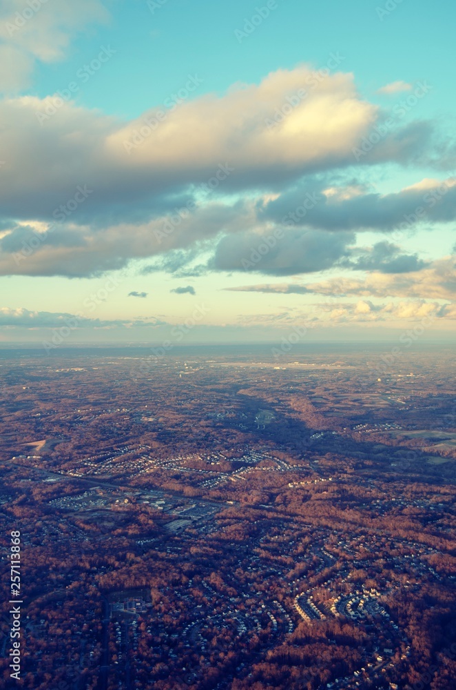 View of Northern Virginia during sunset from the airplane