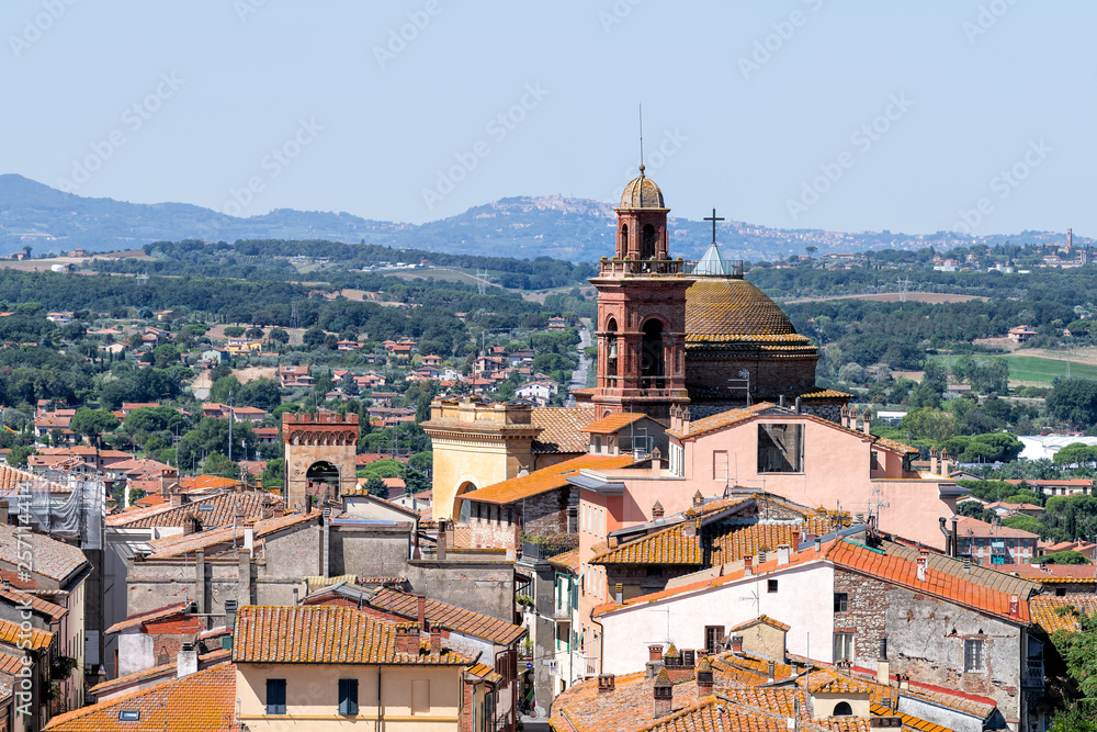 Castiglione del Lago, Italy aerial view on Umbria Rocca from Medievale o Rocca del Leone in sunny summer day with cityscape skyline and church bell tower