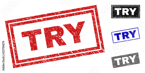 Grunge TRY rectangle stamp seals isolated on a white background. Rectangular seals with grunge texture in red, blue, black and gray colors. Vector rubber imprint of TRY title inside rectangle borders.