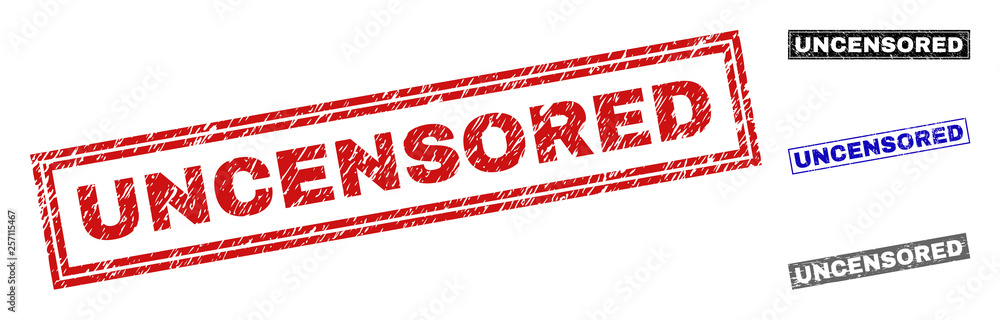 Grunge UNCENSORED rectangle stamp seals isolated on a white background. Rectangular seals with grunge texture in red, blue, black and gray colors. Grunge UNCENSORED rectangle stamp seals isolated on a white background. Rectangular seals with grunge texture in red, blue, black and gray colors.