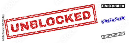Grunge UNBLOCKED rectangle watermarks isolated on a white background. Rectangular seals with grunge texture in red, blue, black and grey colors.