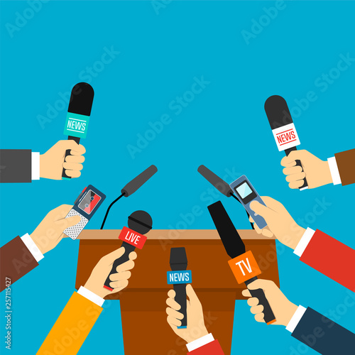 Rostrum, tribune and hands of journalists with microphones. Press conference concept. Vector illustration in flat style