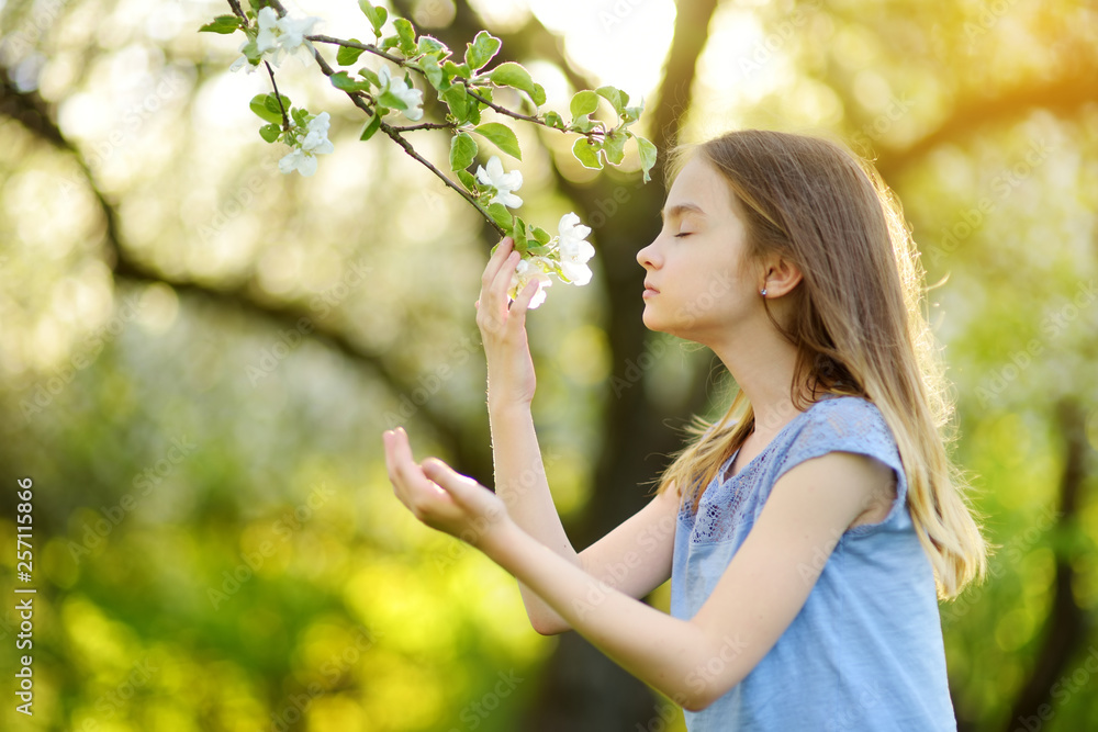 Adorable little girl in blooming apple tree garden on beautiful spring day. Adorable little girl in blooming apple tree garden on beautiful spring day.