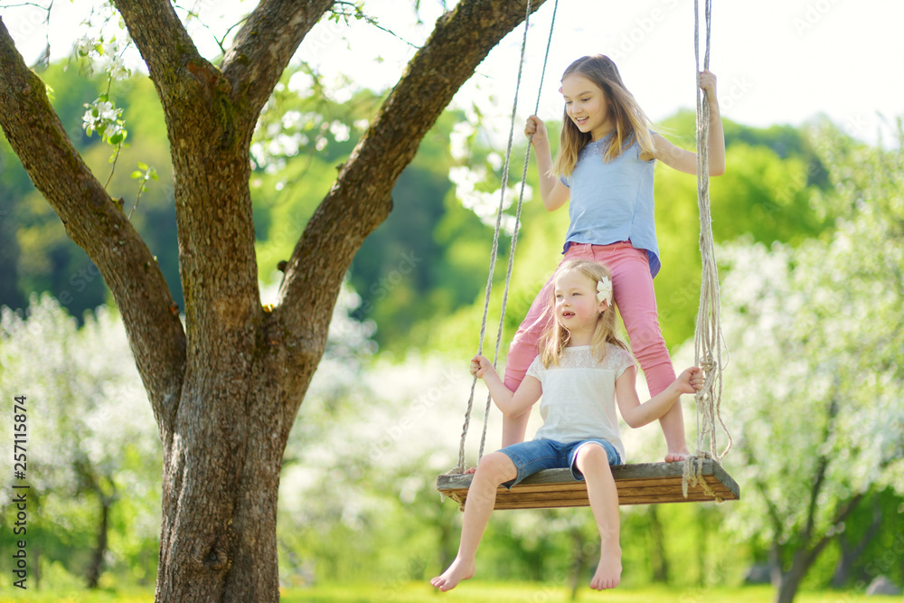 Two cute sisters having fun on a swing in blossoming old apple tree garden outdoors on sunny spring day.