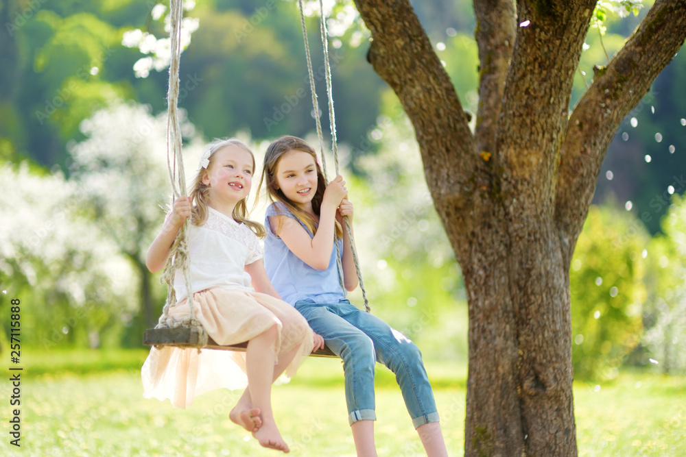 Two cute sisters having fun on a swing in blossoming old apple tree garden outdoors on sunny spring day.