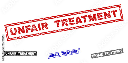 Grunge UNFAIR TREATMENT rectangle stamp seals isolated on a white background. Rectangular seals with grunge texture in red, blue, black and grey colors.