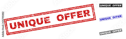 Grunge UNIQUE OFFER rectangle stamp seals isolated on a white background. Rectangular seals with grunge texture in red, blue, black and grey colors.