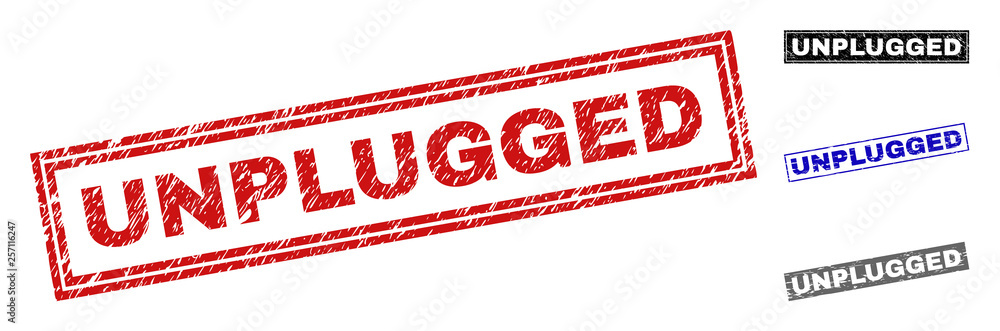 Grunge UNPLUGGED rectangle stamp seals isolated on a white background. Rectangular seals with grunge texture in red, blue, black and grey colors. Grunge UNPLUGGED rectangle stamp seals isolated on a white background. Rectangular seals with grunge texture in red, blue, black and grey colors.