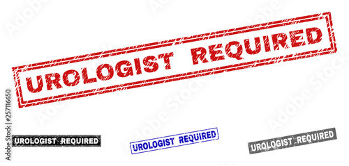 Grunge UROLOGIST REQUIRED rectangle stamp seals isolated on a white background. Rectangular seals with grunge texture in red, blue, black and grey colors.