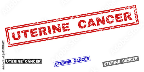Grunge UTERINE CANCER rectangle stamp seals isolated on a white background. Rectangular seals with grunge texture in red, blue, black and gray colors.
