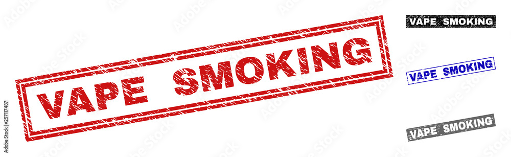 Grunge VAPE SMOKING rectangle stamp seals isolated on a white background. Rectangular seals with grunge texture in red, blue, black and gray colors. Grunge VAPE SMOKING rectangle stamp seals isolated on a white background. Rectangular seals with grunge texture in red, blue, black and gray colors.