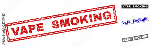Grunge VAPE SMOKING rectangle stamp seals isolated on a white background. Rectangular seals with grunge texture in red, blue, black and gray colors.