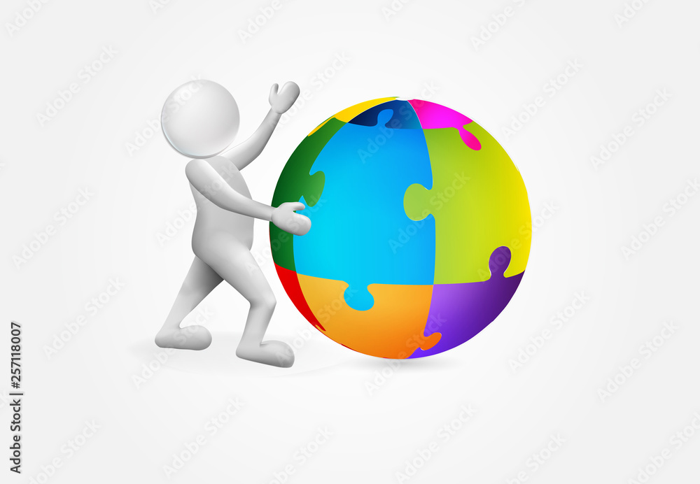 3d Small people with a puzzle global world logo