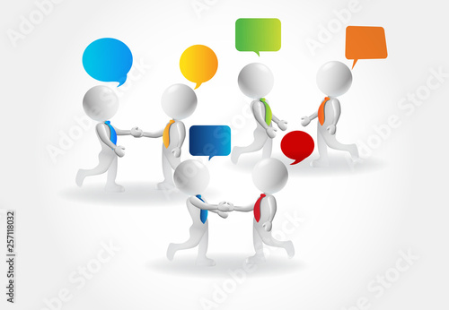3d Small people handshaking and talking speech bubbles