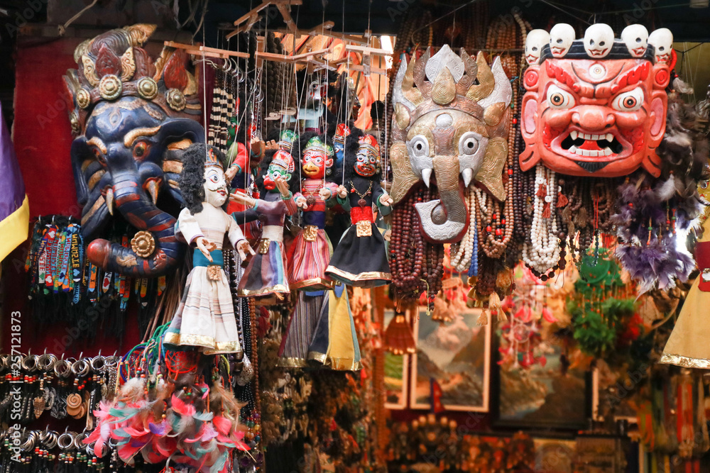 Thamel Kathmandu city, Nepal.Colorful Tradition wooden masks and handicrafts on sale at shop in the Thamel District of Kathmandu, Nepal