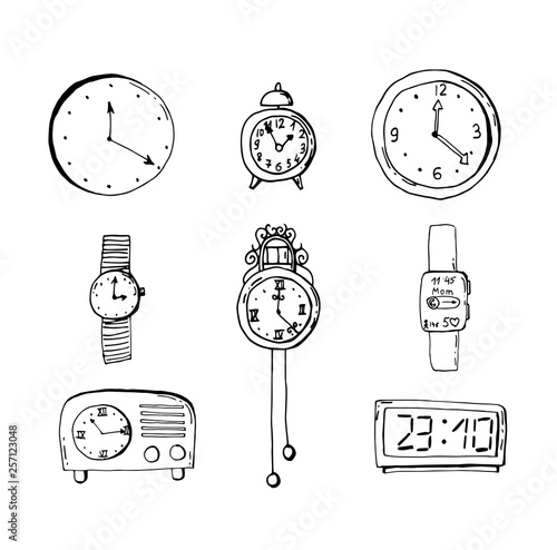 Set of doodle sketch watches. Alarm clocks, sand glasses, stop-watch and timer. Time icon in Hand-drawn style. Vector illustration.