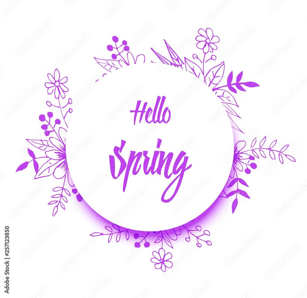 hand-drawn banner with flowers and text Hello spring. Floral vector illustration. Great for logo, website, postcard, banner or print.