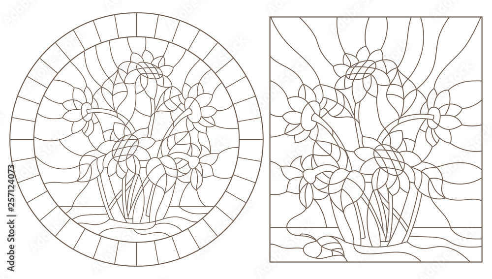 Set contour illustrations of the stained glass bouquets of  sunflowers in a vase, dark outlines on white background