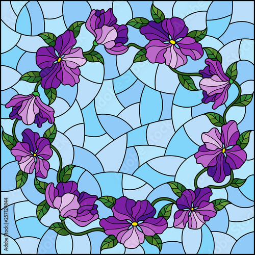 Illustration in stained glass style with bright purple flowers in a circle  on a blue background