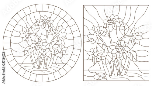 Set contour illustrations of the stained glass bouquets of sunflowers in a vase, dark outlines on white background
