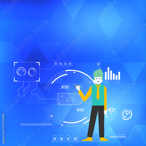 Man Standing Holding Pen Pointing to Chart Diagram with SEO Process Icons Business concept Empty template copy space isolated Posters coupons promotional material