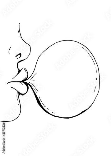 Hand drawing doodle face profile. The girl inflates a ball of chewing gum.
