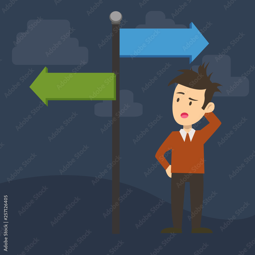 Man Confused with the Road Sign Arrow Pointing to Opposite Side Direction. Business concept Empty template copy space isolated Posters coupons promotional material Man Confused with the Road Sign Arrow Pointing to Opposite Side Direction. Business concept Empty template copy space isolated Posters coupons promotional material