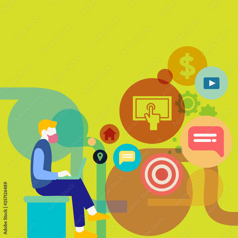 Man Sitting Down with Laptop on his Lap and SEO Driver Icons on Blank Space Design business concept Empty template copy space text for Ad website isolated. Man Sitting Down with Laptop on his Lap and SEO Driver Icons on Blank Space Design business concept Empty template copy space text for Ad website isolated.