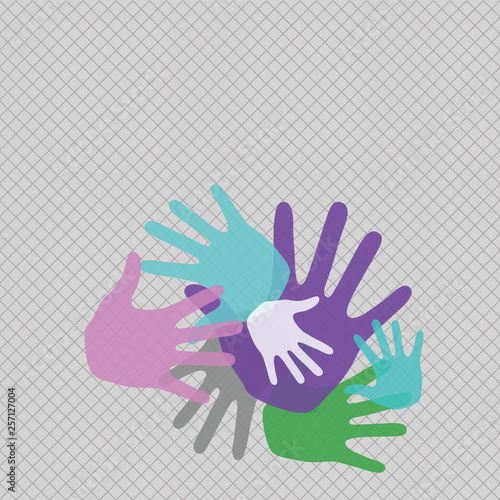 Color Hand Marks of Different Sizes Overlapping for Teamwork and Creativity Design business concept Empty template copy space text for Ad website isolated