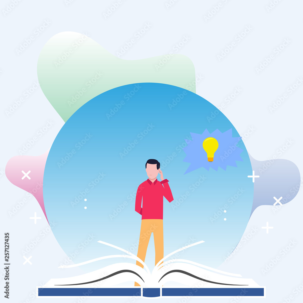 Man Standing Behind Open Book, Hand on Head, Jagged Speech Bubble with Bulb Business concept Empty template copy space isolated Posters coupons promotional material Man Standing Behind Open Book, Hand on Head, Jagged Speech Bubble with Bulb Business concept Empty template copy space isolated Posters coupons promotional material