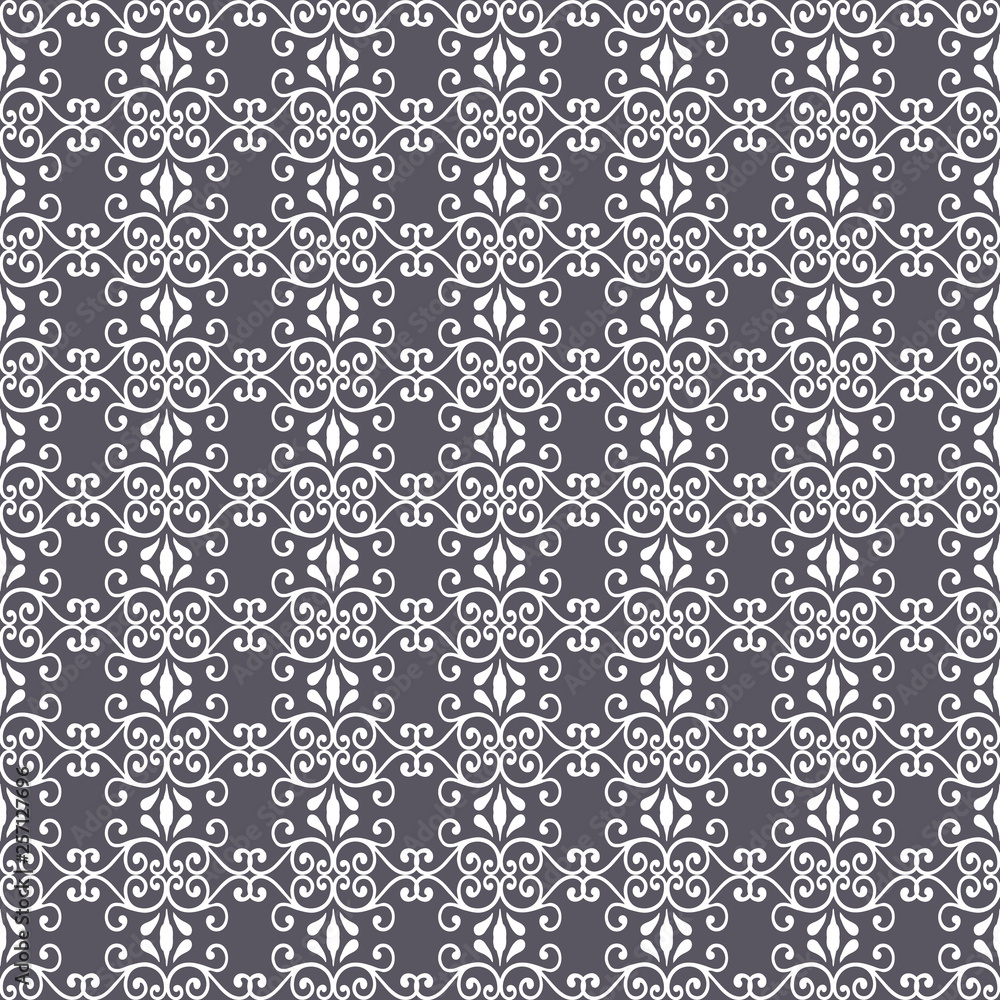 Abstract seamless pattern with lacy leaves, flowers and swirls in geometric layout. Grey and white vector illustration.