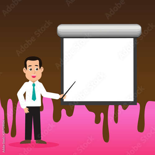 Man in Necktie Talking Holding Stick Pointing to Blank White Screen on Wall Design business concept Empty copy text for Web banners promotional material mock up template.