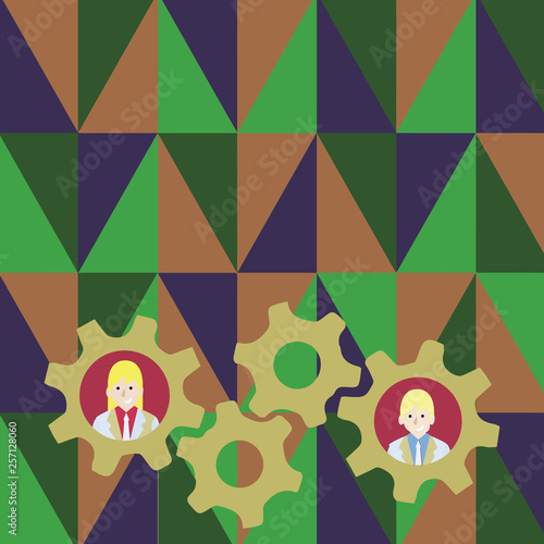 Two Business People Each Inside Colorful Cog Wheel Gears for Teamwork Event Business concept Empty template copy space isolated Posters coupons promotional material