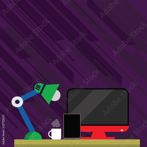 Arrangement of Workspace for Nightshift Worker with Computer,Tablet and Lamp Design business concept Empty copy text for Web banners promotional material mock up template