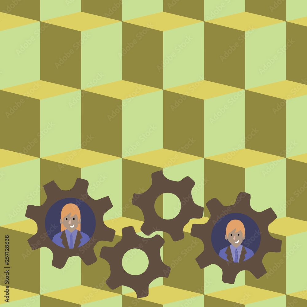 Fototapeta premium Two Business People Each Inside Colorful Cog Wheel Gears for Teamwork Event Design business concept Empty template copy space text for Ad website isolated