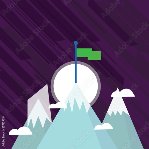 Three High Mountains with Snow and One has Blank Colorful Flag at the Peak Design business concept Empty template copy space text for Ad website isolated.