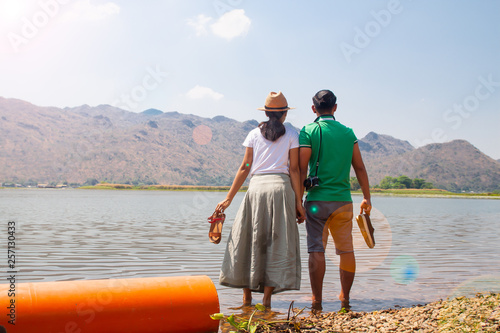 Asian couple be happiness with nature mountain lake view, Happy people