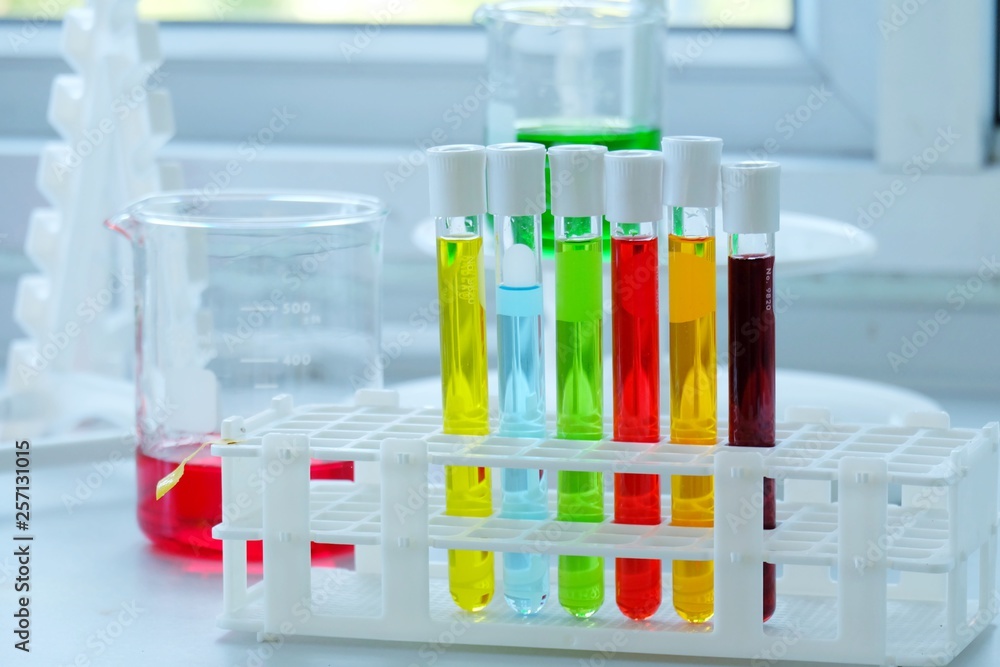 Chemical tube set development and pharmacy in laboratory with multicolored substances in laboratory - Image Chemical tube set development and pharmacy in laboratory with multicolored substances in laboratory - Image